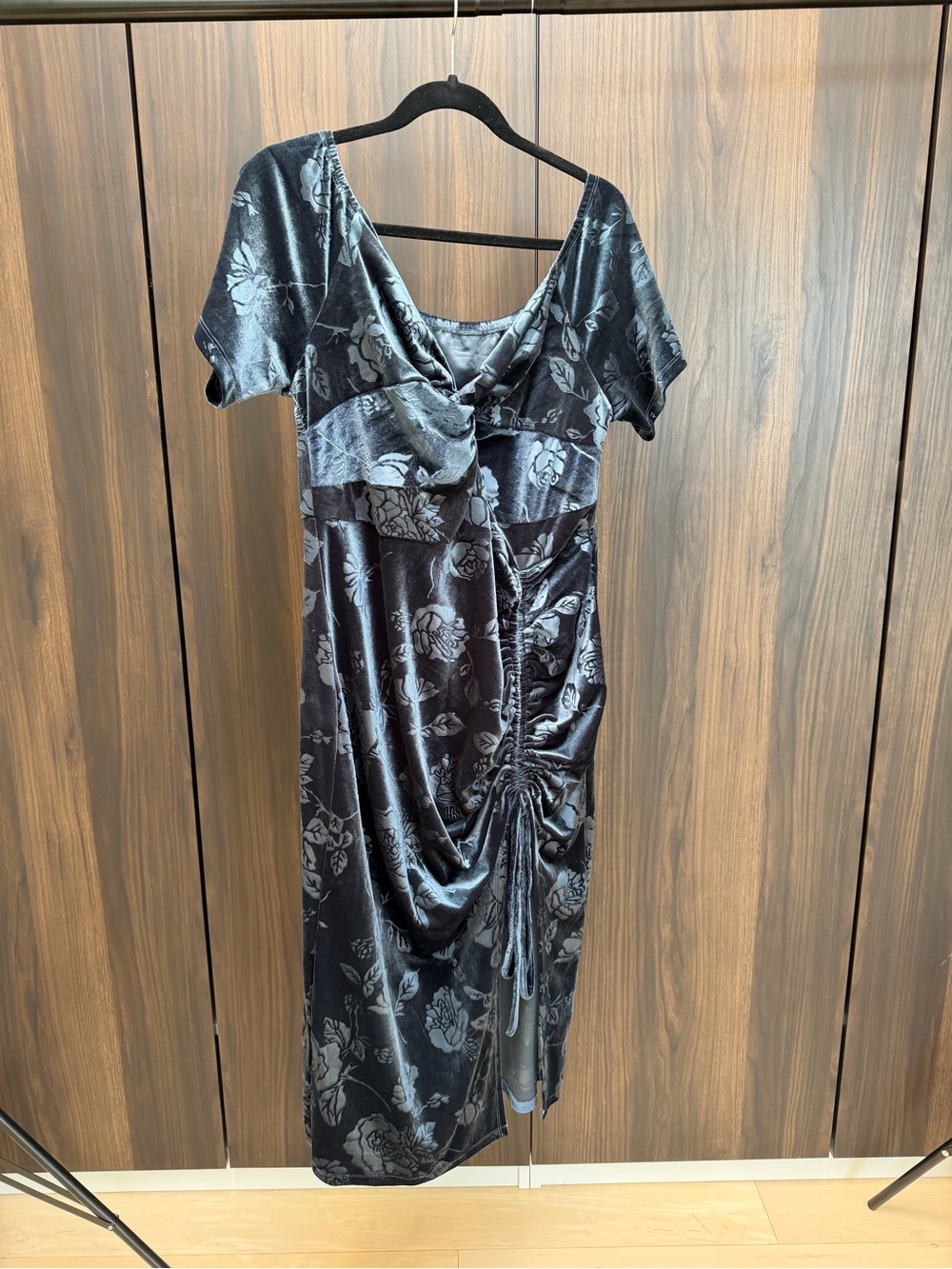 Deep powder blue Floral Velvet Ruched Midi Dress